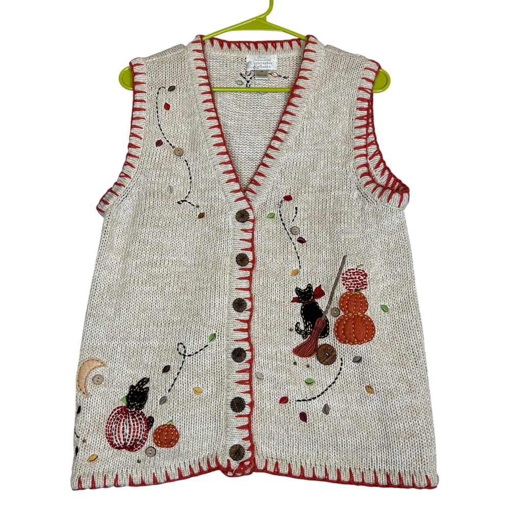 Christopher & Banks Halloween Sweater Vest 3D Women M Embroidered Cottagecore